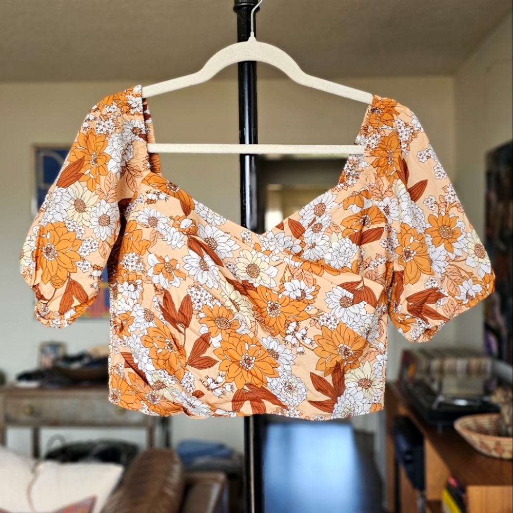 J.Crew Puff Sleeve Zinnia Floral Crop